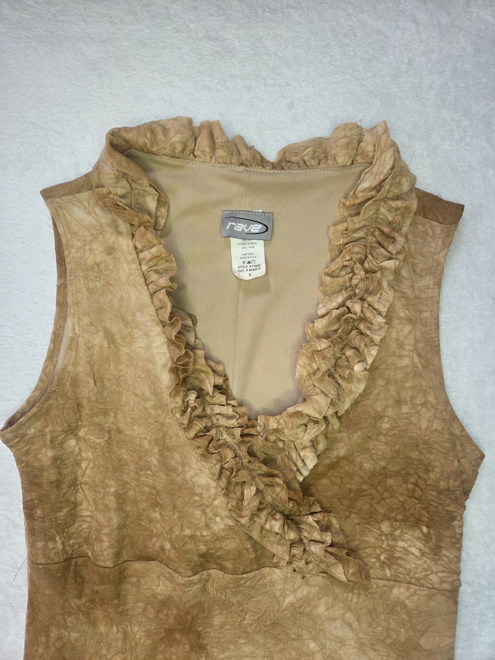 Vintage Y2K Rave Ruffle V-Neck Sleeveless Mini Dress Tan Brown Grunge Boho S - Picture 6 of 12